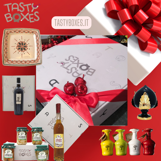 immagine della scatola regalo Tastyboxes e di alcuni prodotti tipici pugliesi, idee regalo Made in Puglia