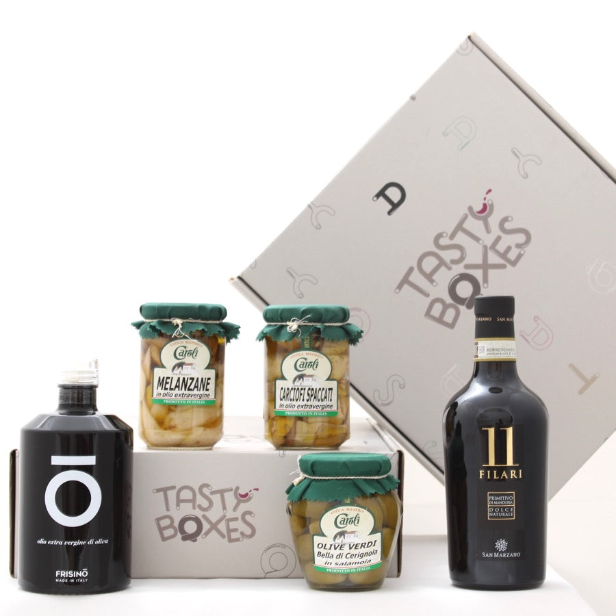 Box Prodotti Tipici Essenza di Puglia - TastyBoxes - Con melanzane e carciofi in olio extravergine, olive verdi belle di Cerignola, Olio Coratina Frisino e Vino 11  Filari