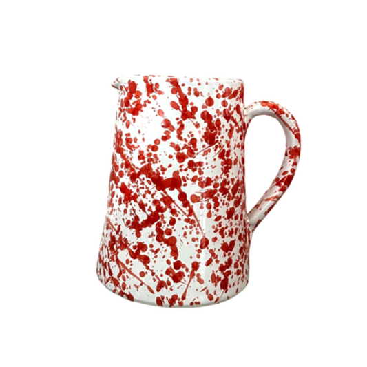 Brocca ceramica di Grottaglie con decoro schizzi, macchie di colore rosso