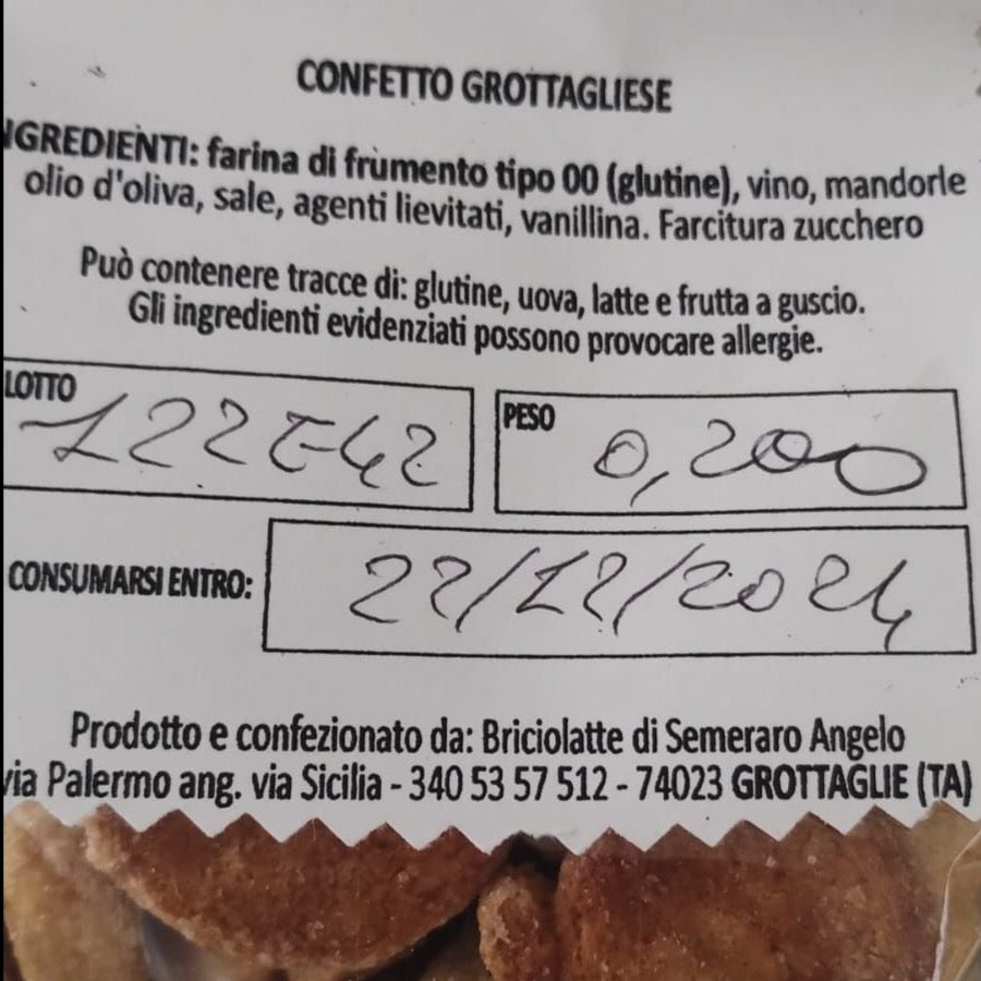 etichetta confetto grottagliese prodotto da Briciolatte 