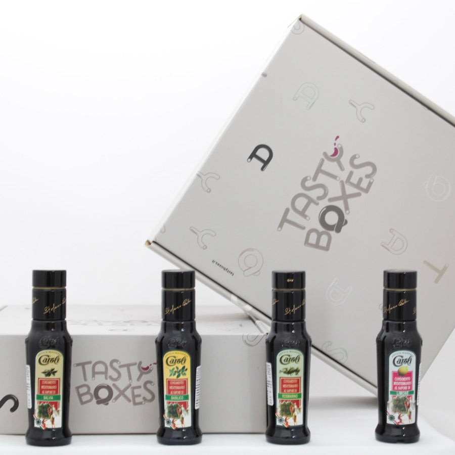 Box contenente 4 tipi di olio aromatizzato da 100ml limone, salvia, rosmarino e basilico - TastyBoxes