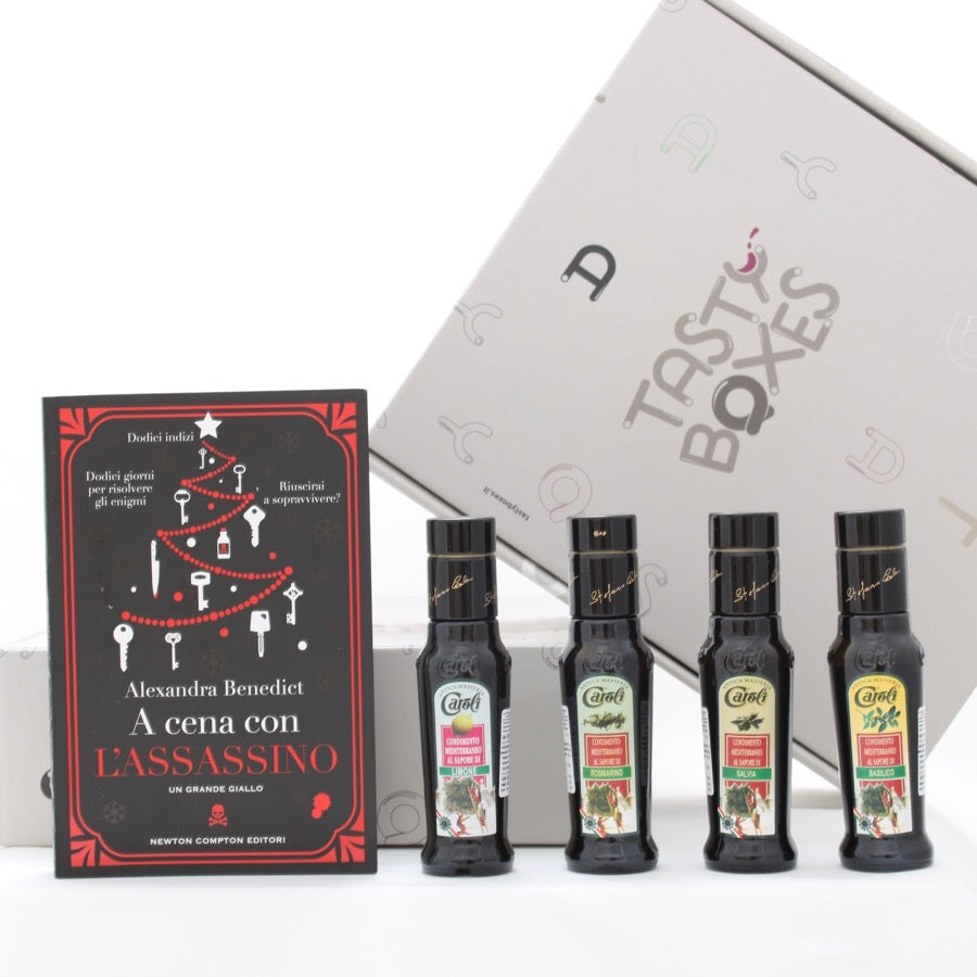 box regalo con libro "A cena con l'assassino" e 4 oli aromatizzati