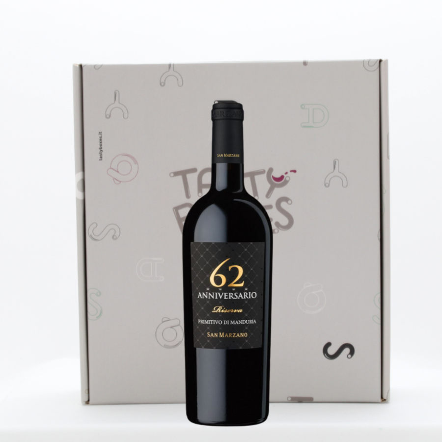 box regalo contenente una bottiglia di vino 62 Anniversario Riserva - Primitivo di Manduria San Marzano - TastyBoxes