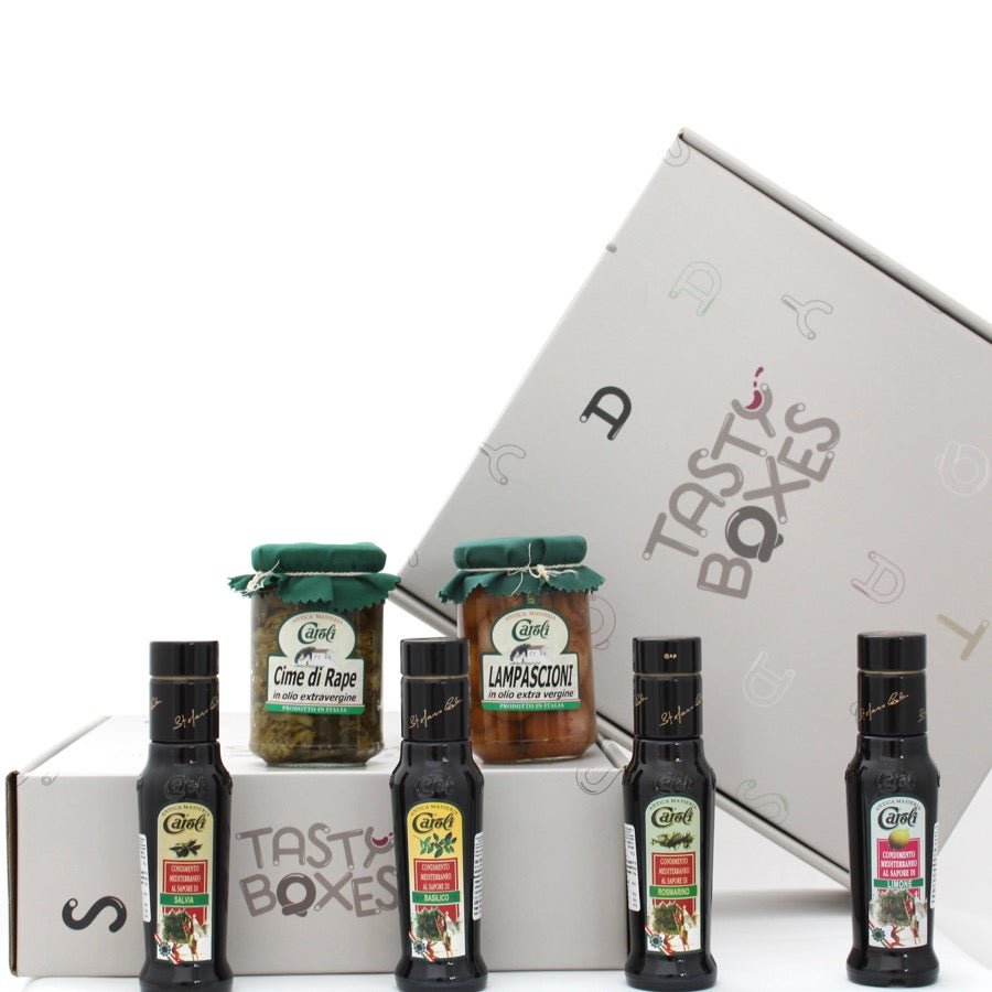 box gourmet contenente 1 confezione di cime di rape e lampascioni  e olio extravergine d'oliva e 4 oli aromatizzati  (gusti limone, salvia, rosmarino e basilico) prodotti dall'azienda pugliese Caroli